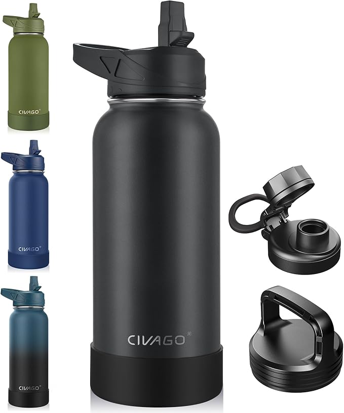 CIVAGO 32 oz Insulated Water Bottle With Straw, Stainless Steel Sports Water Cup Flask with 3 Lids (Straw, Spout and Handl...
