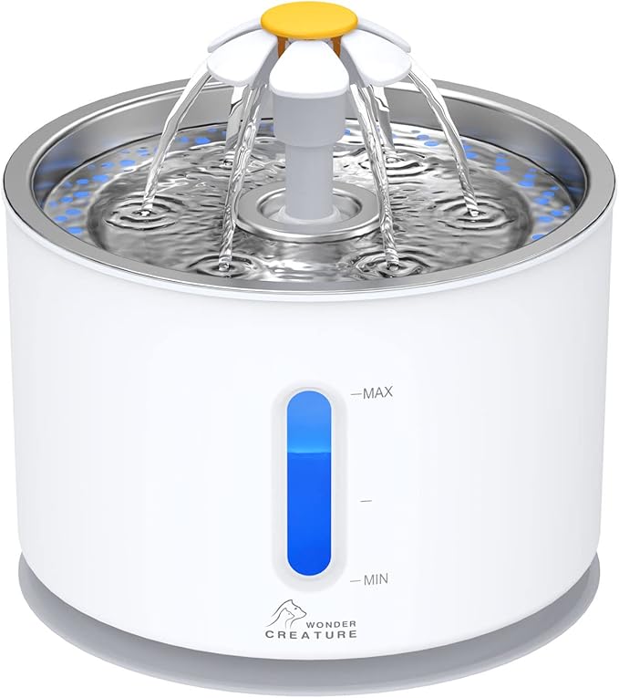 Wonder Creature Cat Water Fountain with Stainless Steel Lid, 2.4L/81oz Automatic Cat Fountain with LED Light and Water Lev...