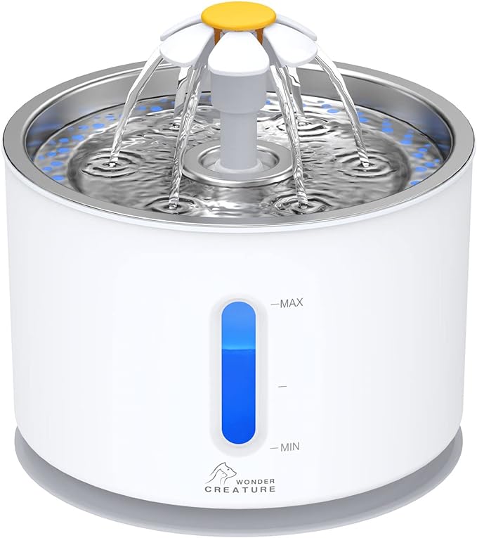 Wonder Creature Cat Water Fountain with Stainless Steel Lid, 2.4L/81oz Automatic Cat Fountain with LED Light and Water Lev...