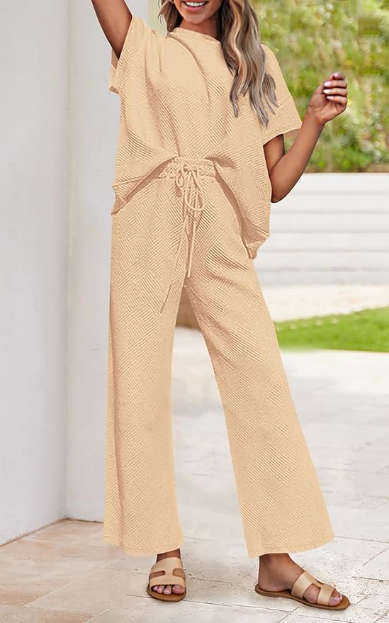 PRETTYGARDEN 2 Piece Outfits For Women Casual Tracksuit Short Sleeve Tops And Wide Leg Long Pants Matching Lounge Sets