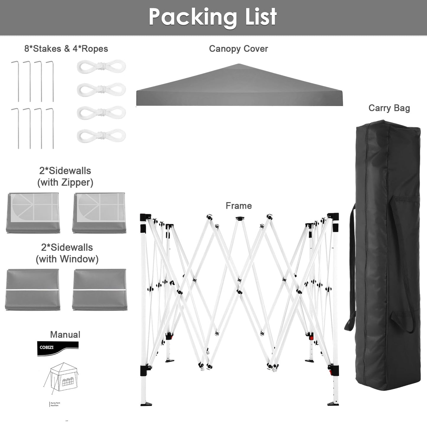 COBIZI Canopy 10x10 Pop Up Canopy Tent with 4 Sidewalls Party Tents for Parties Weddings Backyard Waterproof Canopy Outdoor Commercial Canopy Event Tent with Stakes, Ropes, Grey