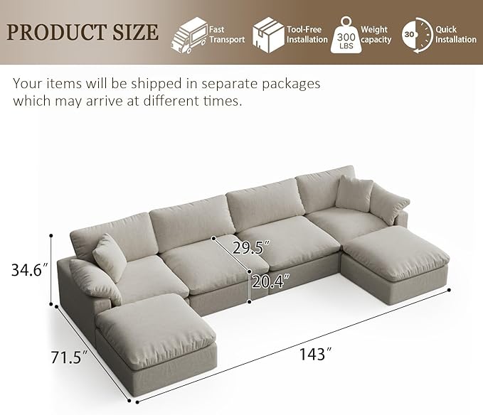 Forest aesthetics Modern Modular Sectional Sofa U-Shaped 6-Seat with Ottoman,Light Beige-Extra Comfty Deep Seat Couch for Living Room,Apartment,Office & Small Spaces