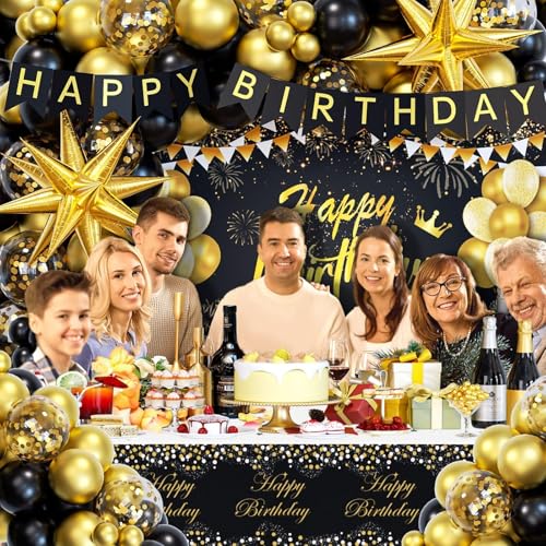 Black and Gold Birthday Decorations for Men Women, 71pcs Black and Gold Party Decorations with Backdrop, Tablecloth, Gold ...