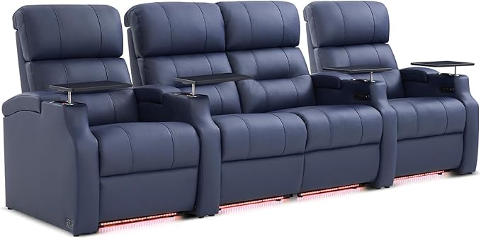 Weilianda Home Theater Seating, Top Grain Leather Sectional Seats Recliner Chair, Zero Gravity Reclining Sofa with Power Headrest 7 Colors Ambient Lighting USB C Charge Row of 4 Loveseat Middle Blue