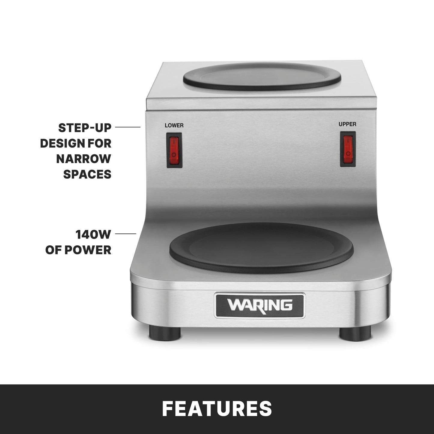 Waring Commercial WCW20R Café Deco Double Coffee Carafe Warmer, Step Up Style, 120V, 5-15 Phase Plug