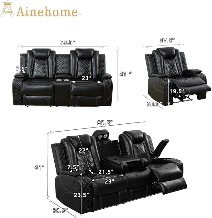 A Ainehome Luxury Furniture Sets Power Recliner Sofa Set Recliner Leather Sofas Loveseat Chair for Living Room Furniture/Small Space/Rv/House/Office/Theater Seating (F-Black, 3 Piece Set)