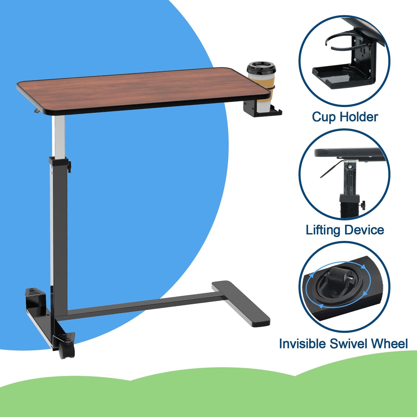 Loyoda Adjustable Overbed Table with Invisible and Lockable Wheels ，Bedside Table with Cup Holder，Standing Desk for Medical or Home use Rosewood Color（30.3" W x 15.3" D）