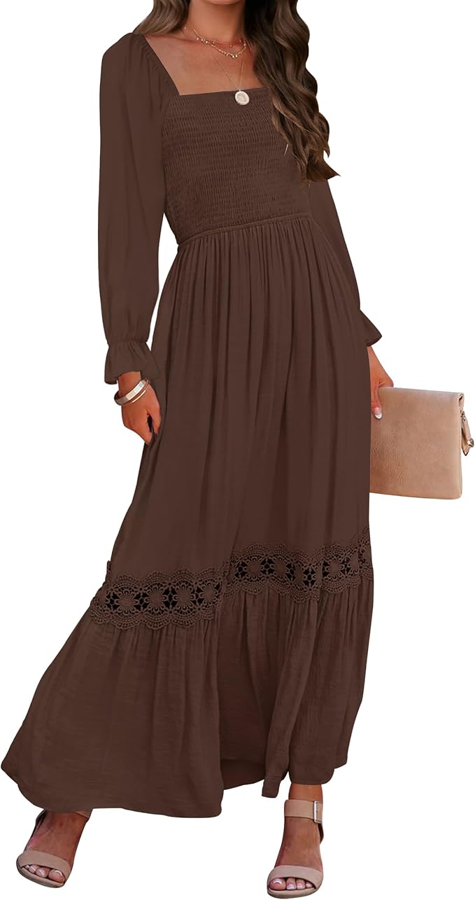 ZESICA Women's 2026 Boho Long Sleeve Square Neck Smocked High Waist Flowy A Line Lace Trim Maxi Dress
