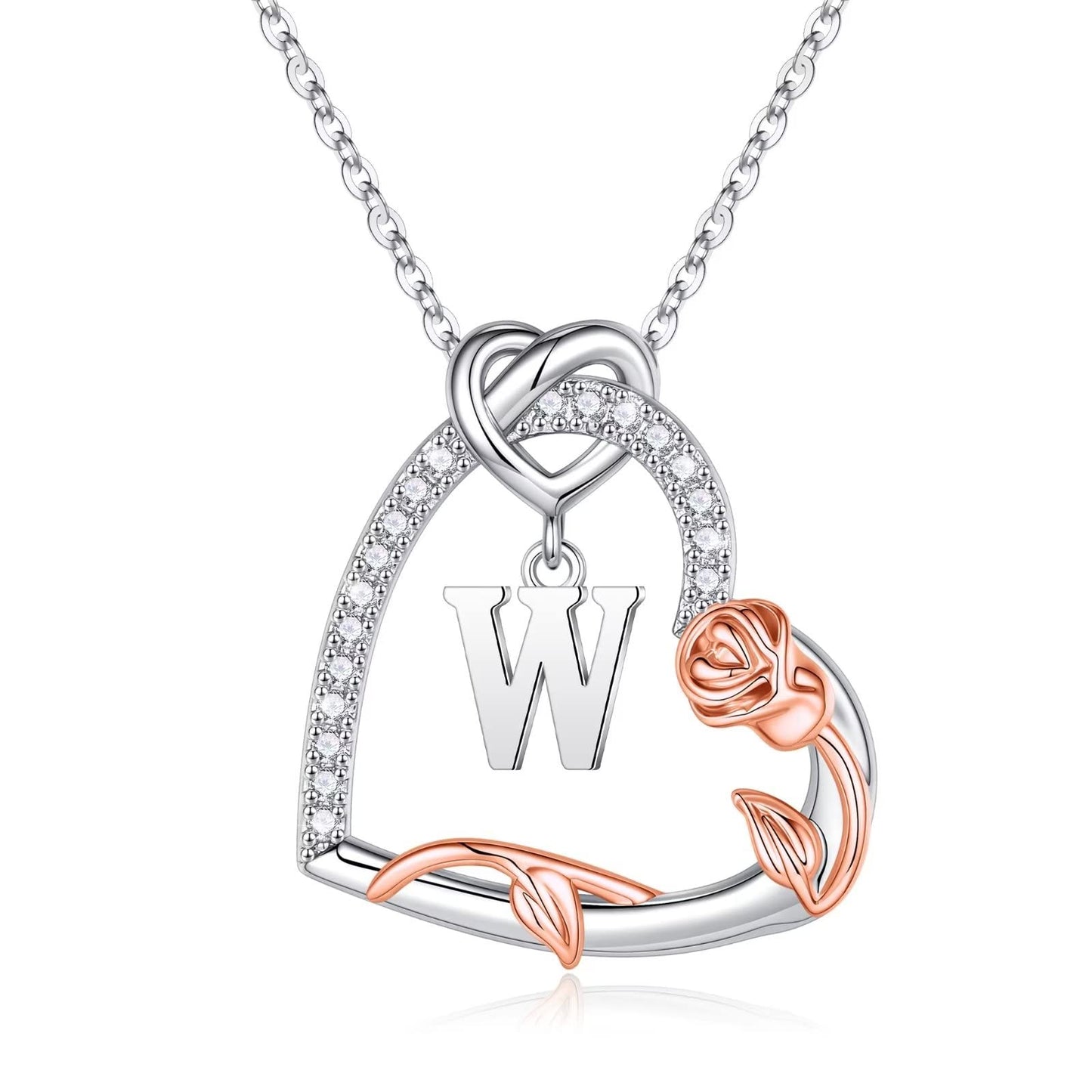 Iefil Rose Heart Necklace Gifts for Women, Sterling Silver Initial W Heart Pendant Necklace Jewelry, Anniversary Wife Gifts, Bir