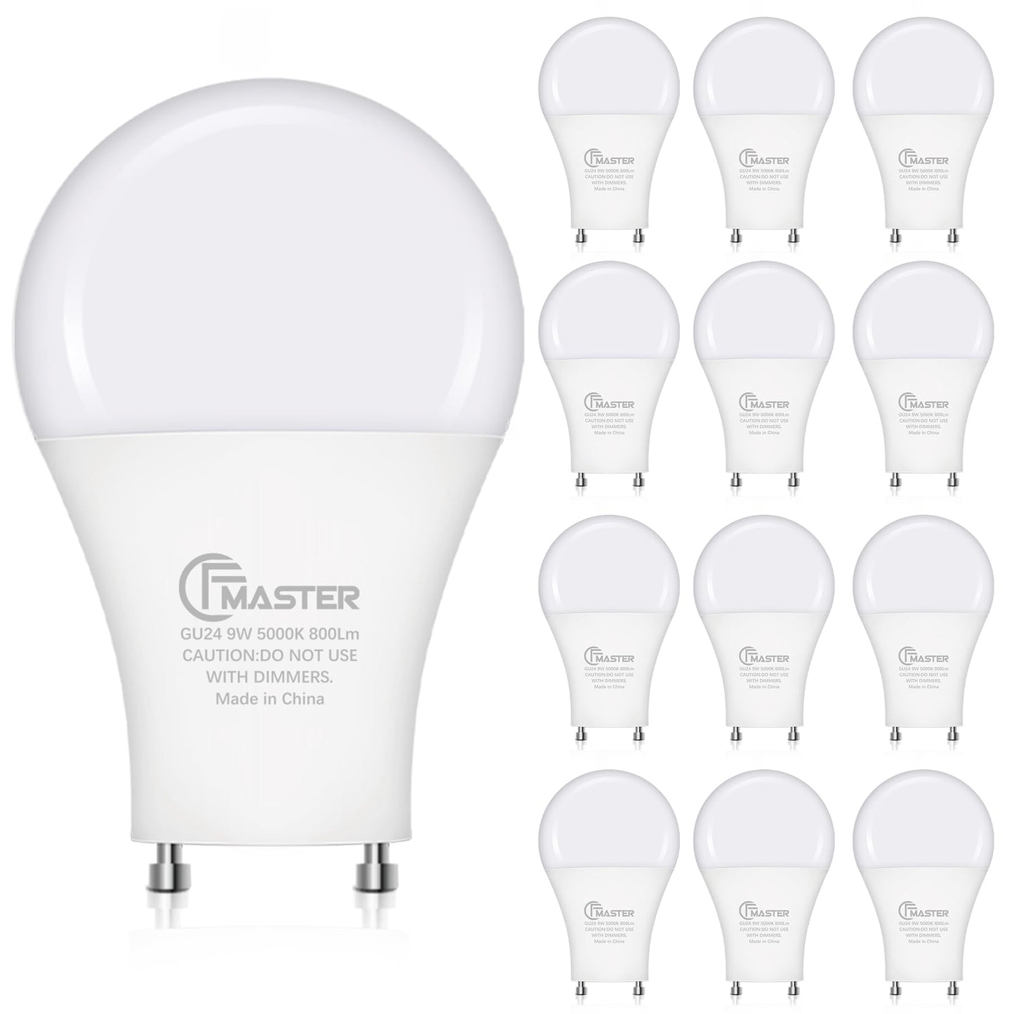 CFMASTER GU24 LED Light Bulb, 5000K Daylight, 9W(100W Equivalent), 800 Lumens, A19 Shape GU 24 LED Bulbs, Twist and Lock GU24 Pin Base with Two Prongs, Non-Dimmable, UL ETL Certificated(12-Pack)