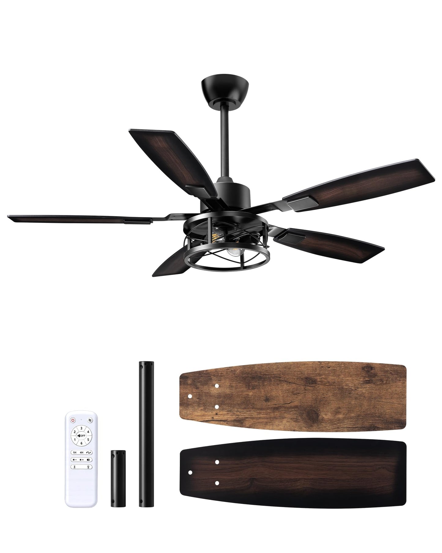 EDISHINE 52" Farmhouse Ceiling Fans with Lights and Remote, 10%-100% Dimmable, Reversible DC Motor, 6 Speed, 5 Wooden Blades, Timer, Rustic Caged Fandelier Ceiling Fan for Living Room, Bedroom