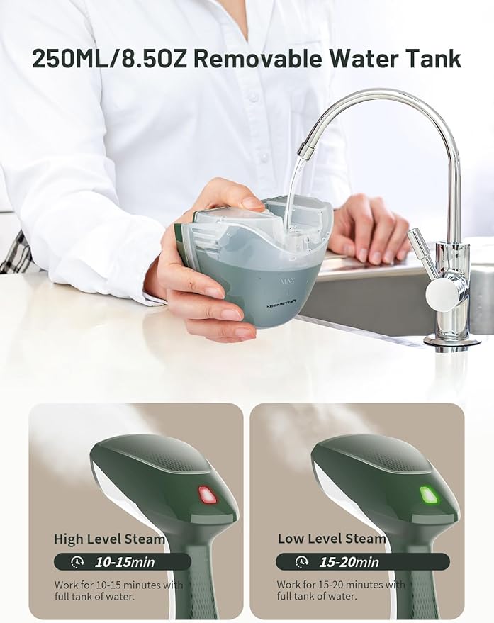 KEENSTAR Steamer for Clothes, Portable Handheld Garment Steamer, 1500W 2 in 1 Fabric Wrinkles Remover, 30-Second Fast Heat-up, 250ml Detachable Water Tank, Steam Iron for Home and Dorm