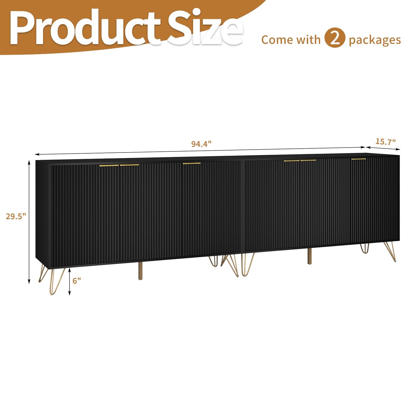 NOVAMAISON Fluted TV Stand for 100 Inch TV, Modern TV Stand Console, Black Entertainment Center with Storage Cabinets, Adjustable Shelves & Gold Handles, Wood Media Cabinet for Living Room