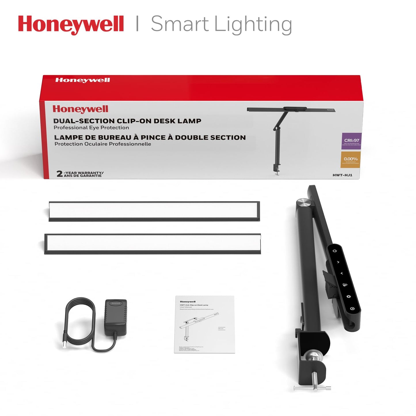 Honeywell LED Desk Lamp with Clamp - HJ1 Sunturalux Eye-Caring Clip on Lights for Home Office, 1200LM Clamp Lamp 4 Color Modes Stepless Dimming Task Desk Light for Working Black