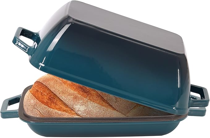 Cast Iron Dutch Oven for Bread Baking 12x8 Inch Enameled Bread Oven with Lid 6QT Cast Iron Bread Dutch Oven for Sourdough，DarkCyan