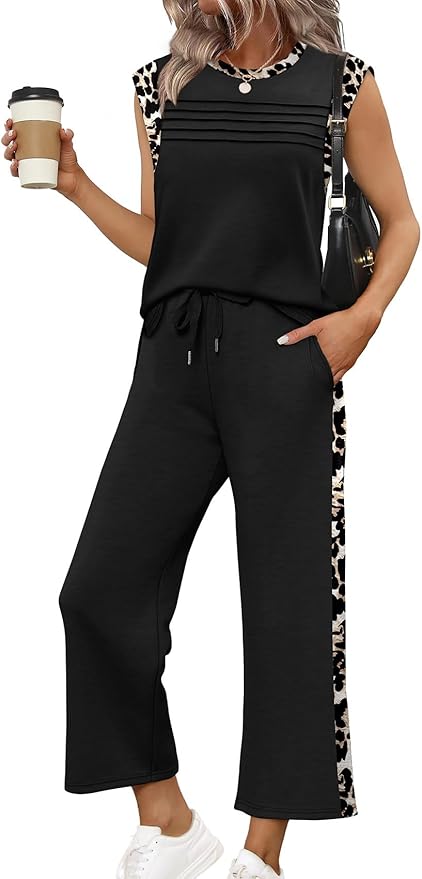 WIHOLL 2 Piece Sets for Women Summer Lounge Sets Travel Vacation Outfits Cap Sleeve Sweatsuit Side Slit Wide Leg Pants S-3XL