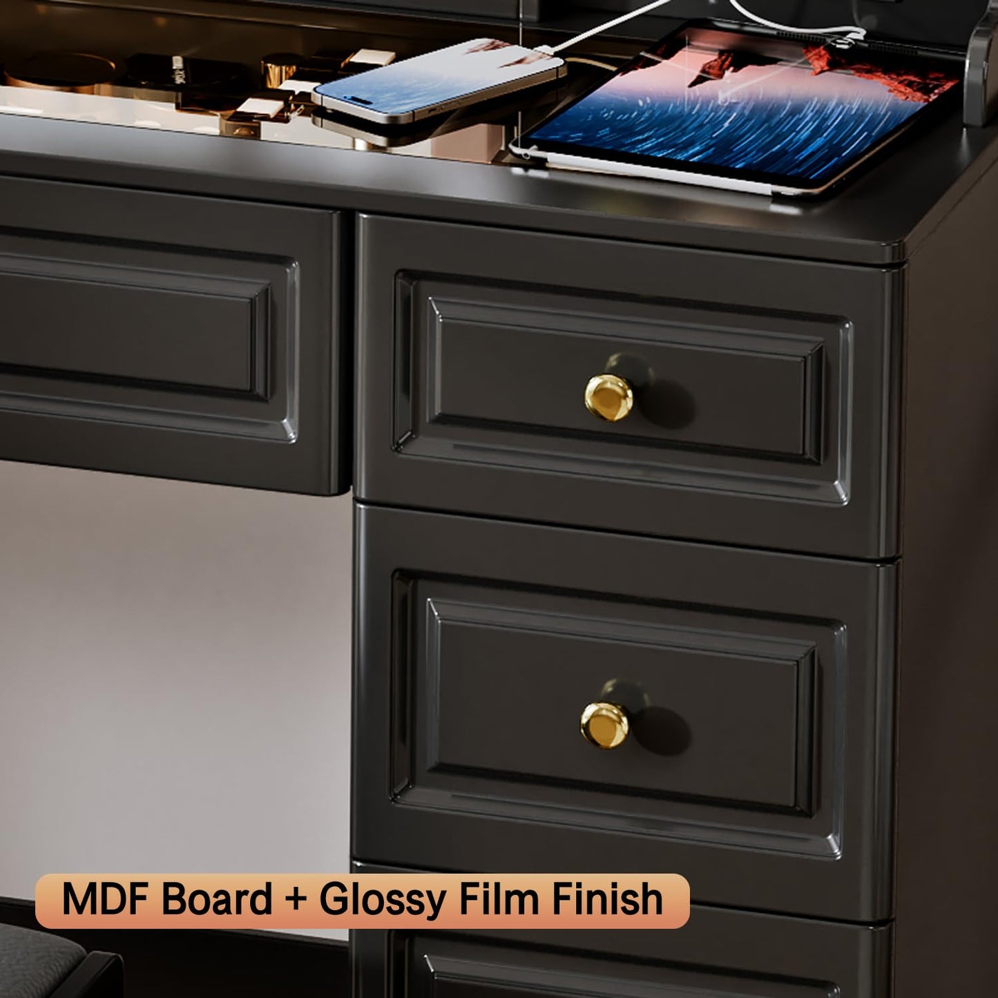 Arulvmrn 42" Makeup Vanity Desk with Mirror and Lights, & Power Outl, Glass Top Big Vanity Table with 9 Drawers& 8 Storage Shelves, Dressing Table Set with Chair for Bedroom, Black