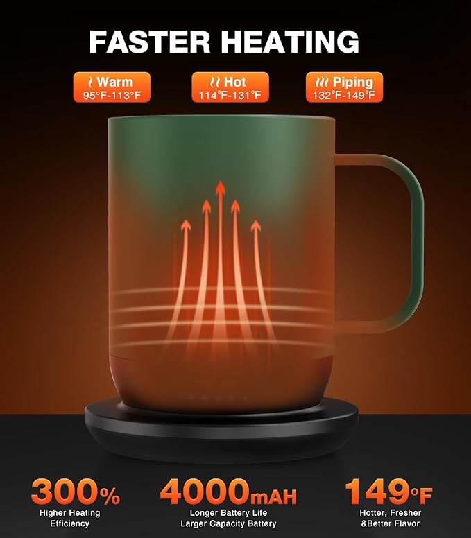 Kepwam Self Heating Coffee Mug T1-16oz Fast Heating & Ultra Long-Lasting Battery Life, Heated Coffee Mug Up to 149℉ - Touch & App Controlled Coffee Mug, Birthday Gifts for Women and Men