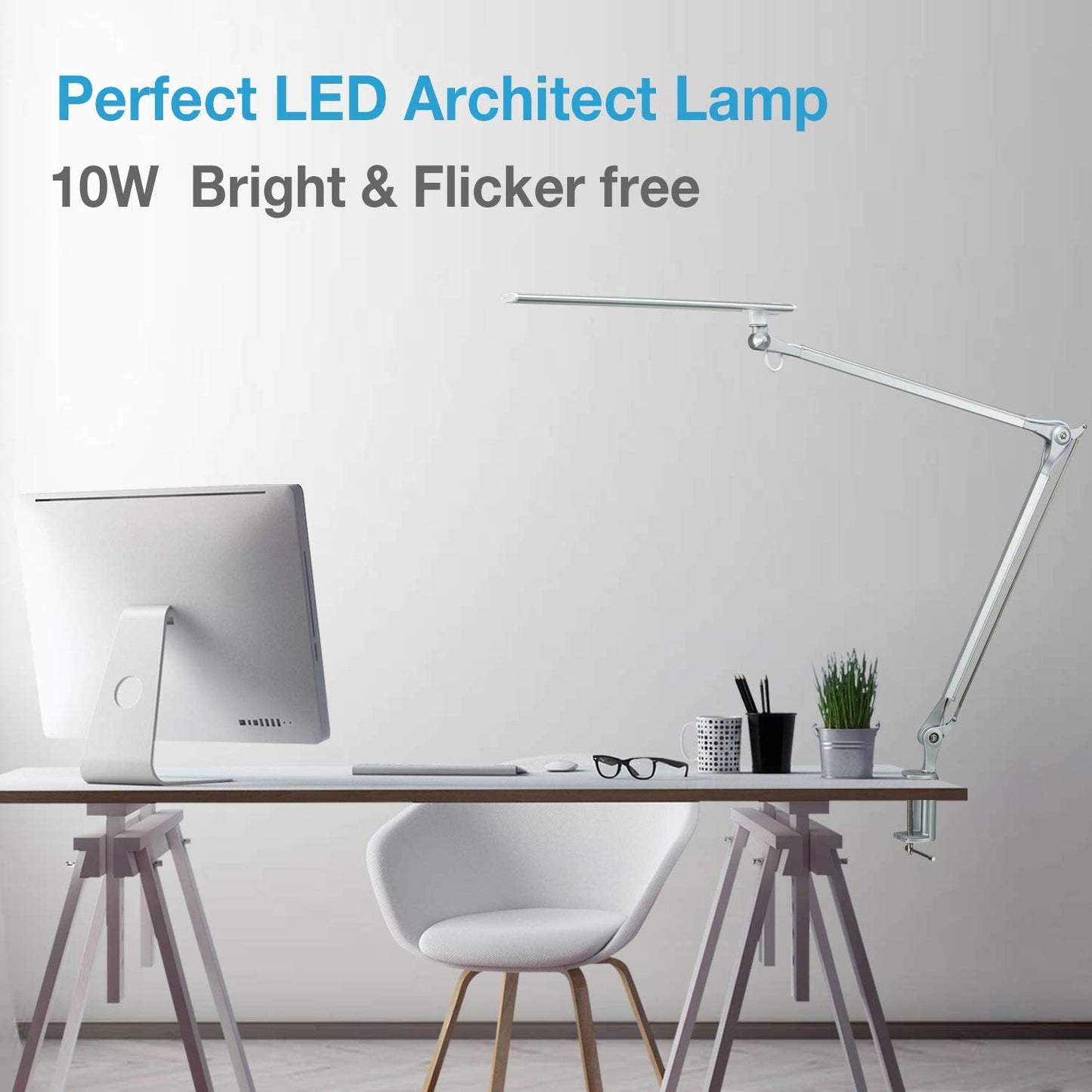 PHIVE CL-1 Architect Desk Lamp, LED Clamp on Desk Light with Metal Swing Arm, Eye-Caring Dimmable Drafting Table Lamp, Highly Adjustable Architect Task Light for Home/Office, Silver