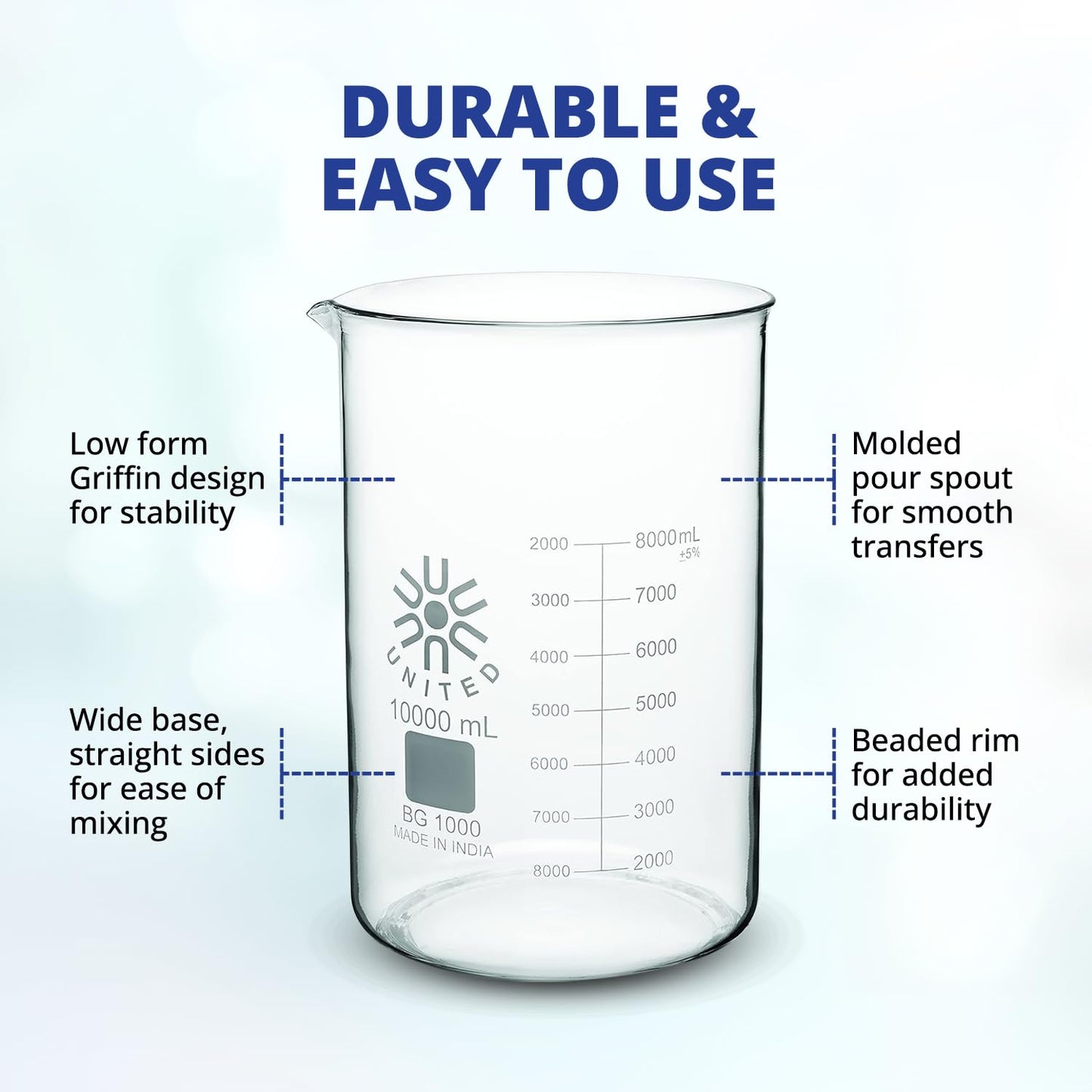 United Scientific™ (1,000mL) 1 Liter Beaker - Low Form Griffin, Double Scale Graduation Chemistry Glassware, 3.3 Borosilicate Glass Beaker with Pour Spout, Beaded Rim and Autoclavable, 1 Each