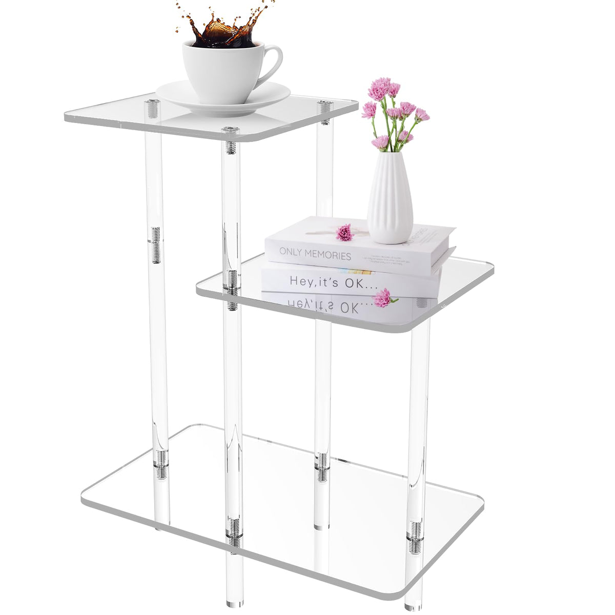 DigDozer 3 Tiers Acrylic Side Table, Square Step End Table, Clear Acrylic Nightstand for Living Room, Bedroom, Hallway (17" L x 10" W x 23.6" H, Square)