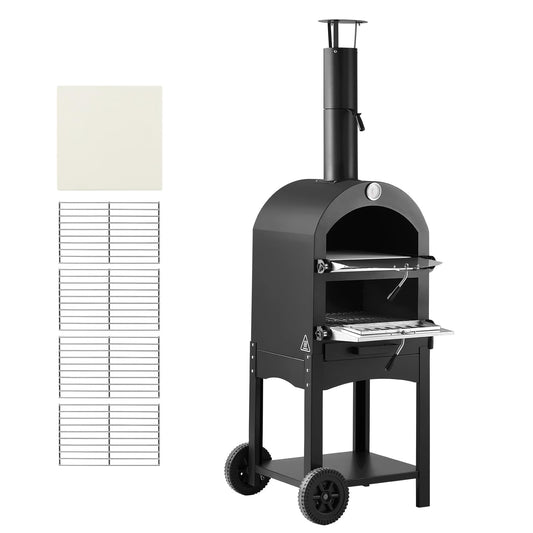 VEVOR Portable Outdoor Oven, 12-inch Stand Pizza Oven with Casters, Pellet & Chips & Charcoal & Firewood Four Fuel, Baked Paint Pizza Grill, Includes Pizza Stone, Pizza Shovel, for Camping & Backyard