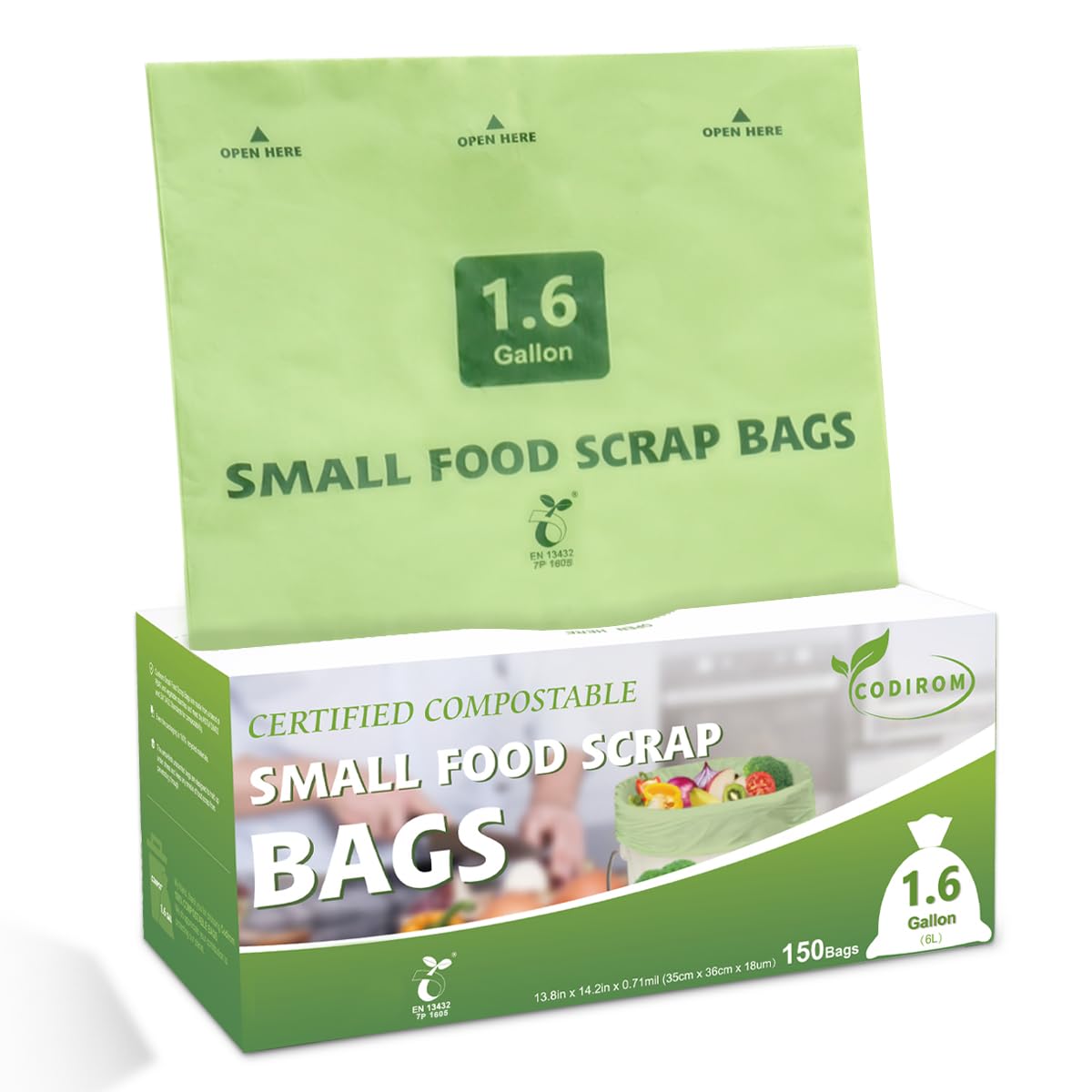 100% Compostable 1.6 Gallon Trash Bags, 6 Liter, 150 Count Kitchen Food Scrap Small Compost Bags for Countertop Bin with Europe EN13432 Certified