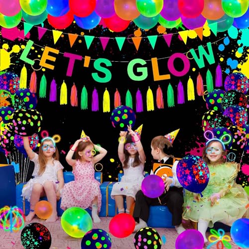 Glow Neon Party Photography Backdrops Let's Glow Splatter Photo Background 5x3ft Blacklight Colorful Laser Ray Disco Retro...