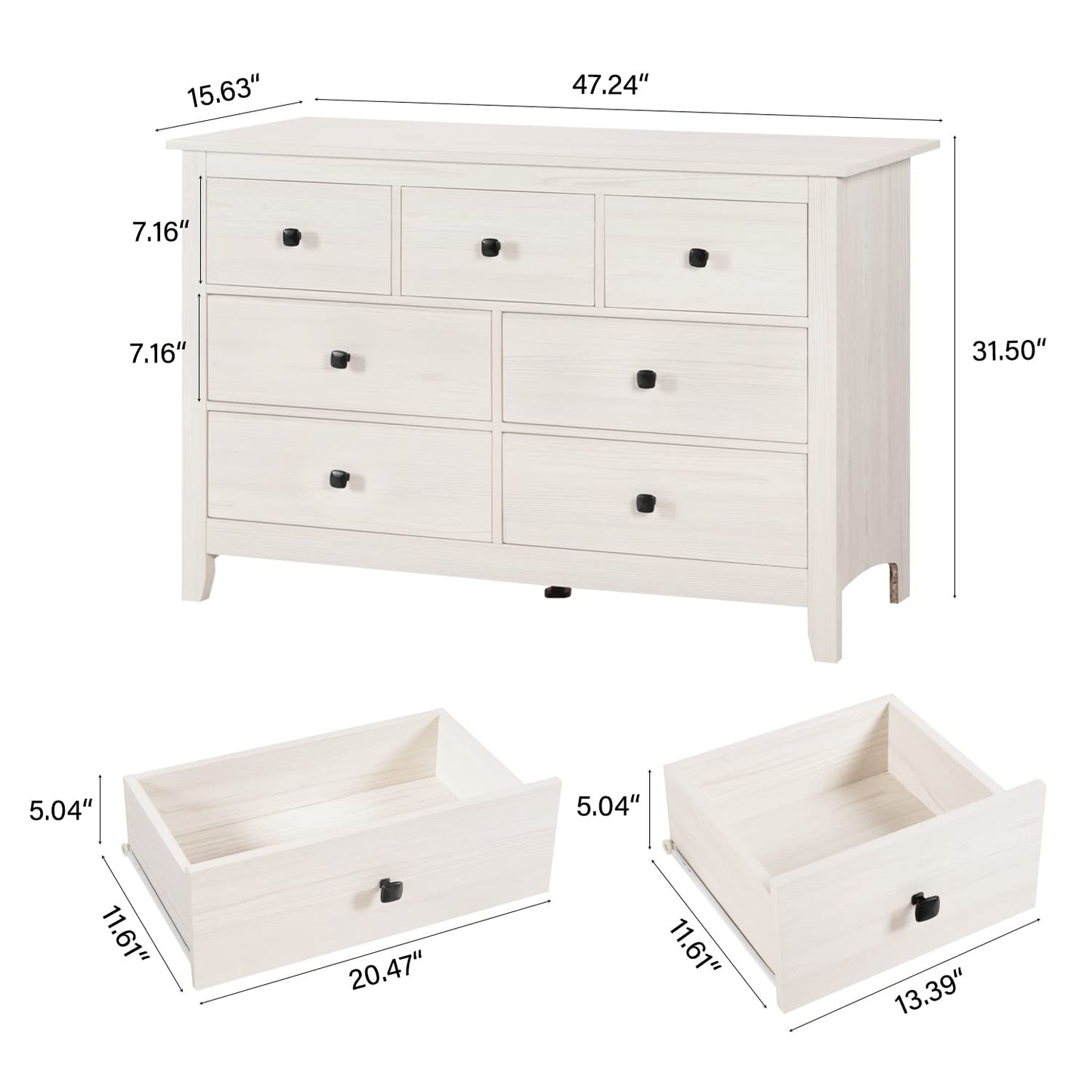 Vikiullf Dresser and Nightstand Set - 3 Pieces Bedroom Set with 7 Drawers Chest and 2 Drawer Night Stands, Wooden Storage Cabient for Bedroom, White Wood Grain