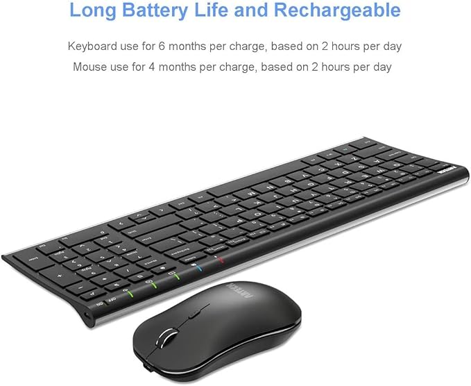 Arteck 2.4G Wireless Keyboard and Mouse Combo HW193MW162 Stainless Ultra Slim Full Size Keyboard and Ergonomic Mouse for Computer Desktop PC Laptop and Windows 11/10/8/7 Build in Rechargeable Battery