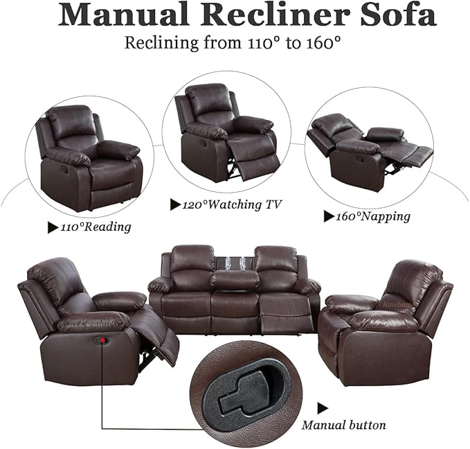A Ainehome Living Room Furniture Set Leather Recliner Sofa Set Loveseat Chair Furniture Sofa Set for Living Room/Small Space/Rv/House/Office/Theater Seating (A-Brown Leather, 3 Piece Set)