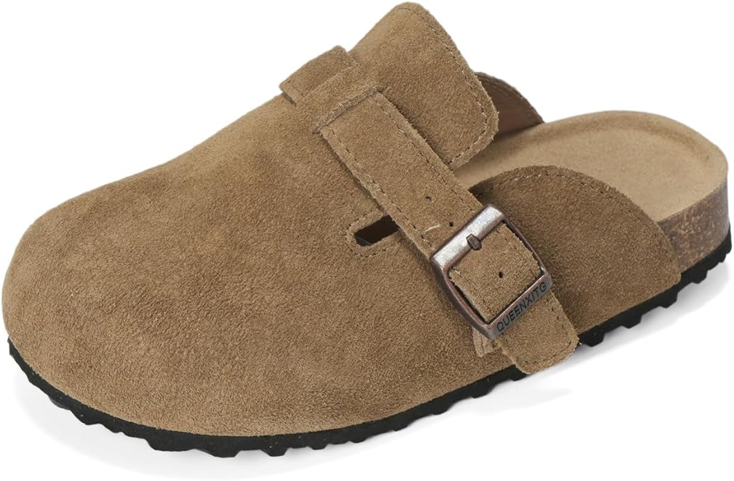 Hebelee Kids Suede Clogs Toddler Clogs for Girls Boys Cork Footbed Mules Adjustable Buckle Sandals for Indoor Outdoor
