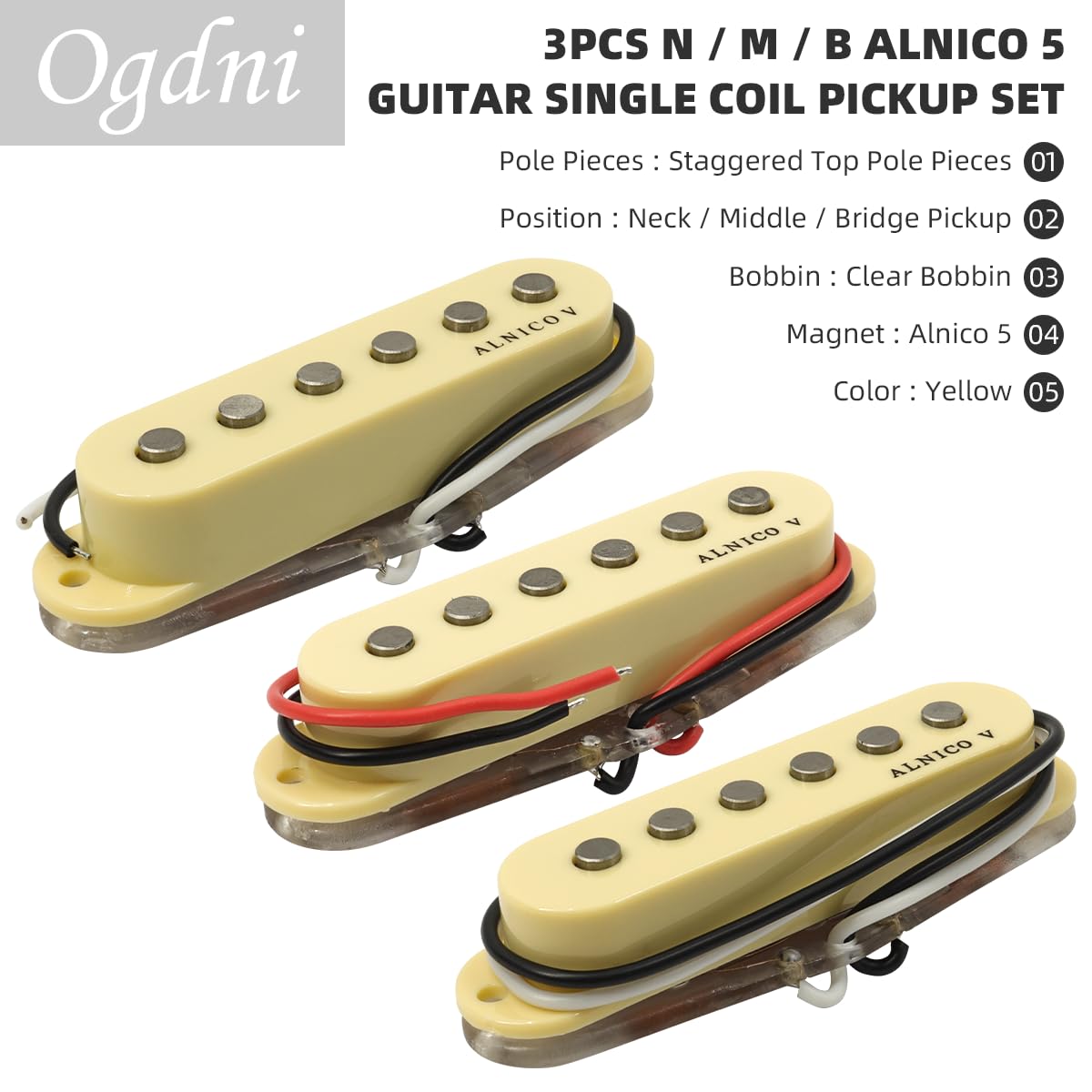 Ogdni Single Coil Electric Guitar Pickup Set,Alnico 5 Strat Sss Pickup Guitar Neck/Middle/Bridge Pickup For Strat Style Electric