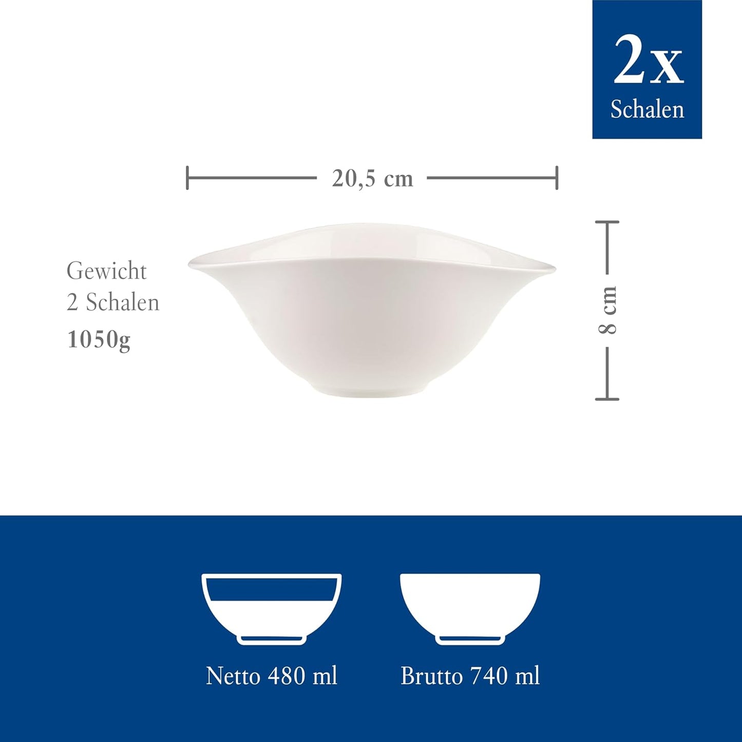 Villeroy & Boch VAPIANO Salad Bowl, 2 Pieces, Premium Porcelain, White