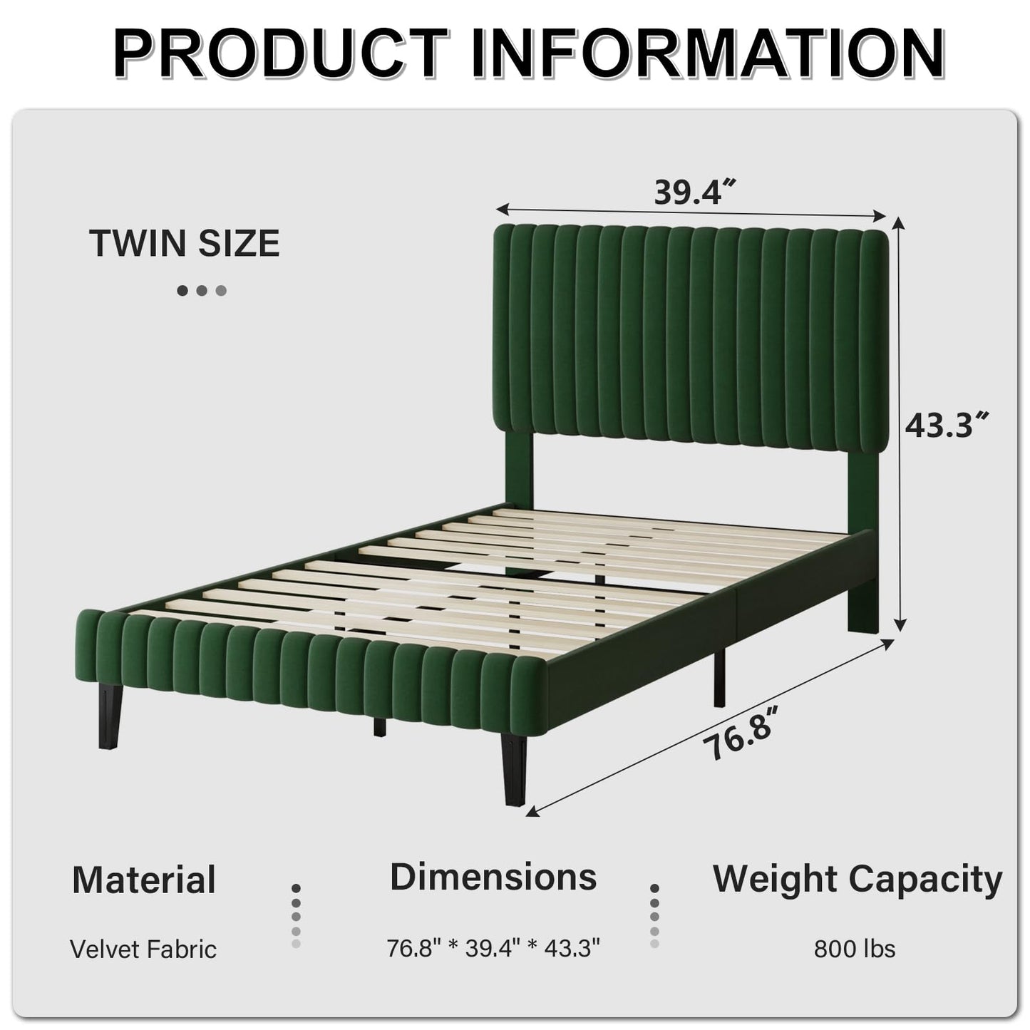 Twin Bed Frame, Velvet Upholstered Platform Bed with Vertical Channel Tufted Headboard and Footboard, No Box Spring Required, Easy Assembly, Green