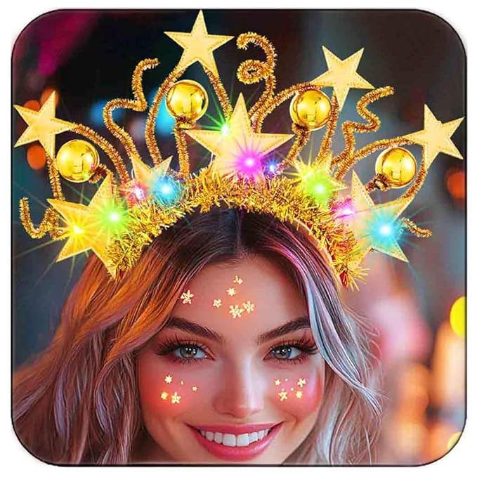 DRESBE Light Up Star Headband Gold New Year LED Stars Crown Headbands NYE Glow Party Hair Accessories for Women