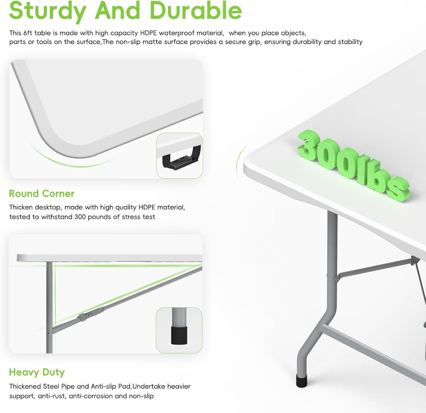 HLPB Folding Table Picnic Table 2 Pcs, 6 ft Portable Camping Table with Handle and Safety Locks, Foldable Table Plastic Dining Table Indoor Outdoor for Camping, Picnic and Party