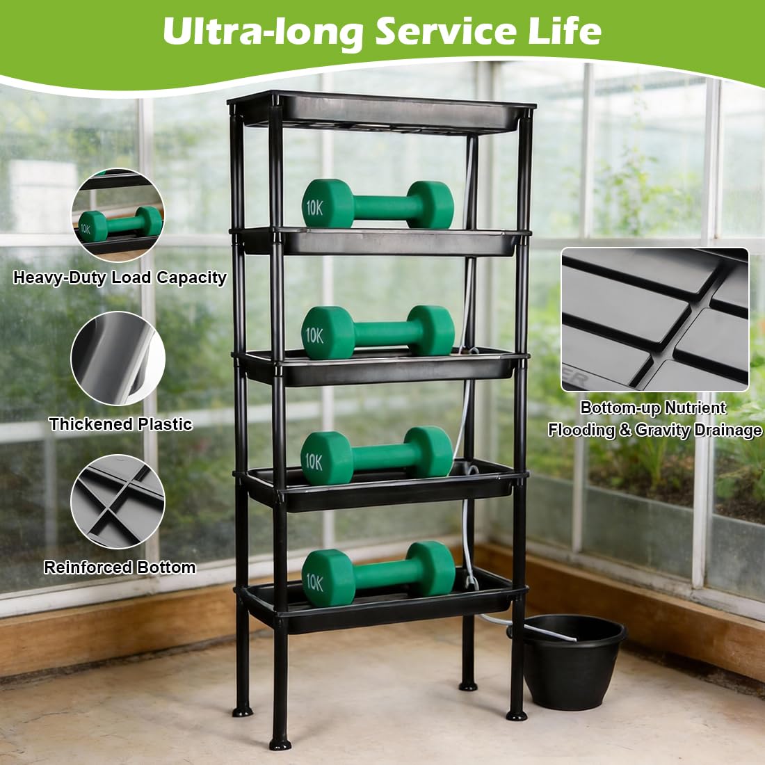 RooTrimmer 5-Tier Hydroponics Growing System, Plant Stand with Grow Lights & Pump - Ebb and Flow Seedbeds, Siphoning Watering, Designed for Nursery Cell Trays, Plant Pots