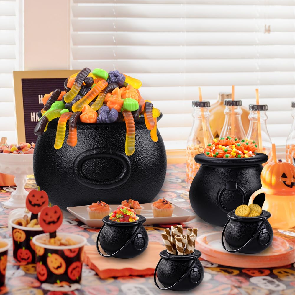 DIYDEC 6 in 1(8.5", 5.5", 4pcs 2.8") Package Halloween Large Cauldron, Black Plastic Witch Cauldron Kettle Halloween Pot Candy Holder for Halloween & St. Patrick’s Day Party Party Favors Decor