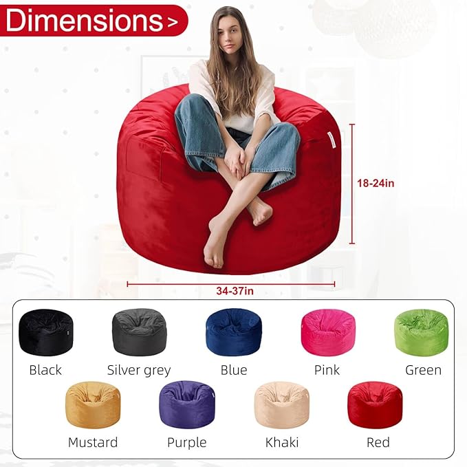 HABUTWAY Bean Bag Chair 3Ft Luxurious Velvet Ultra Soft Fur with High Rebound Memory Foam Bean Bag Chairs for Adults Plush Lazy Sofa with Fluffy Removable Sponge 3' (Red)