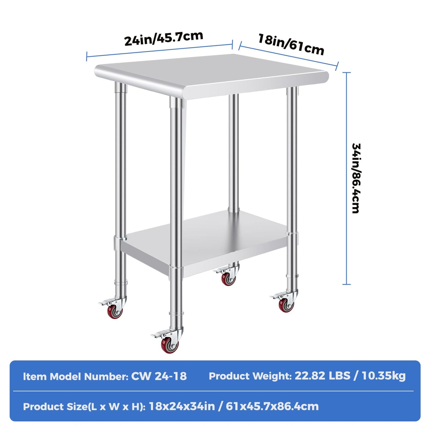 OSTBA Stainless Steel Table for Prep & Work 24x18 Inches with Casters Wheels, NSF Metal Commercial Heavy Duty Table with Adjustable Undershelf for Restaurant Kitchen Home and Hotel