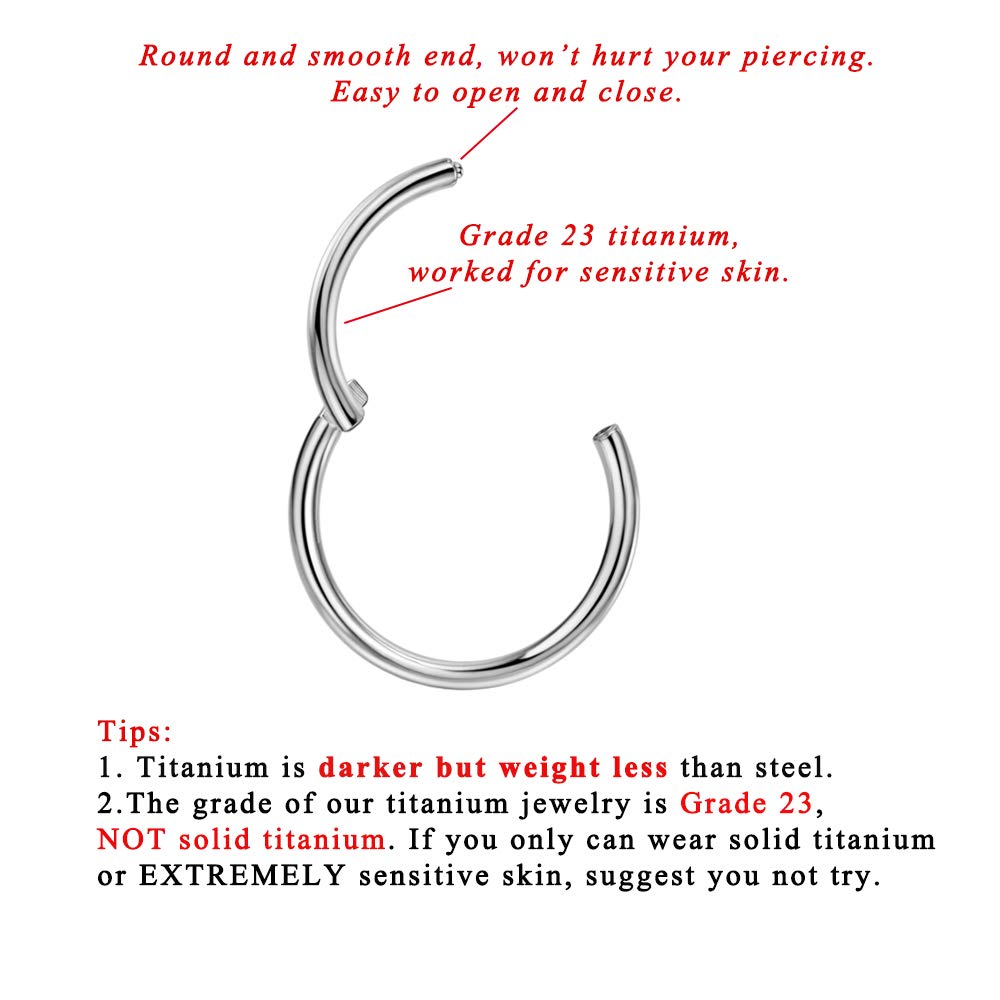 FANSING 18g Nose Rings Hoops 18 Gauge Nose Hoop Titanium Septum Jewelry Hinged Septum Rings 10mm Lip Piercing Jewelry for Helix