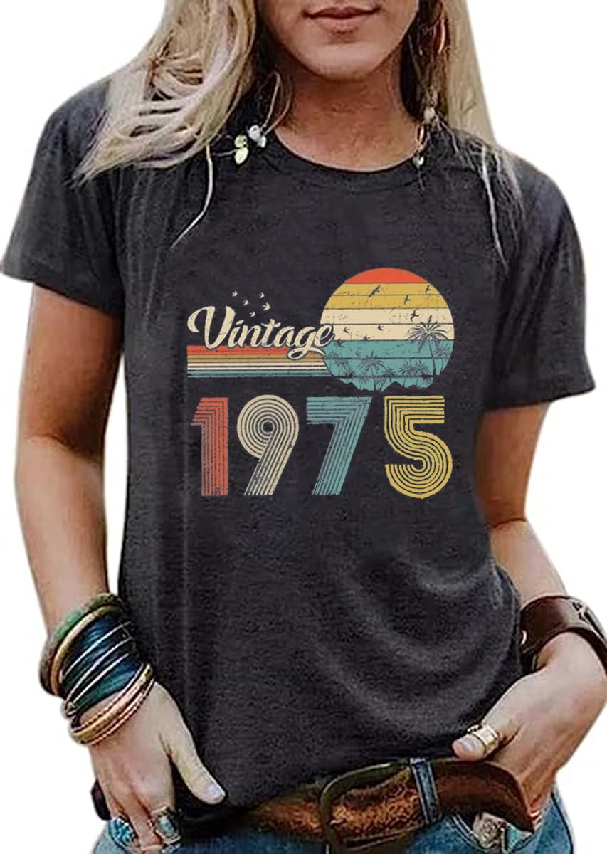 50th Birthday Gift for Women Vintage 1975 Shirts Letter Print Retro Birthday Tops Casual Short Sleeve Tee (US, Alpha, Medium, Regular, Regular, 1975 Dark Gray 3)