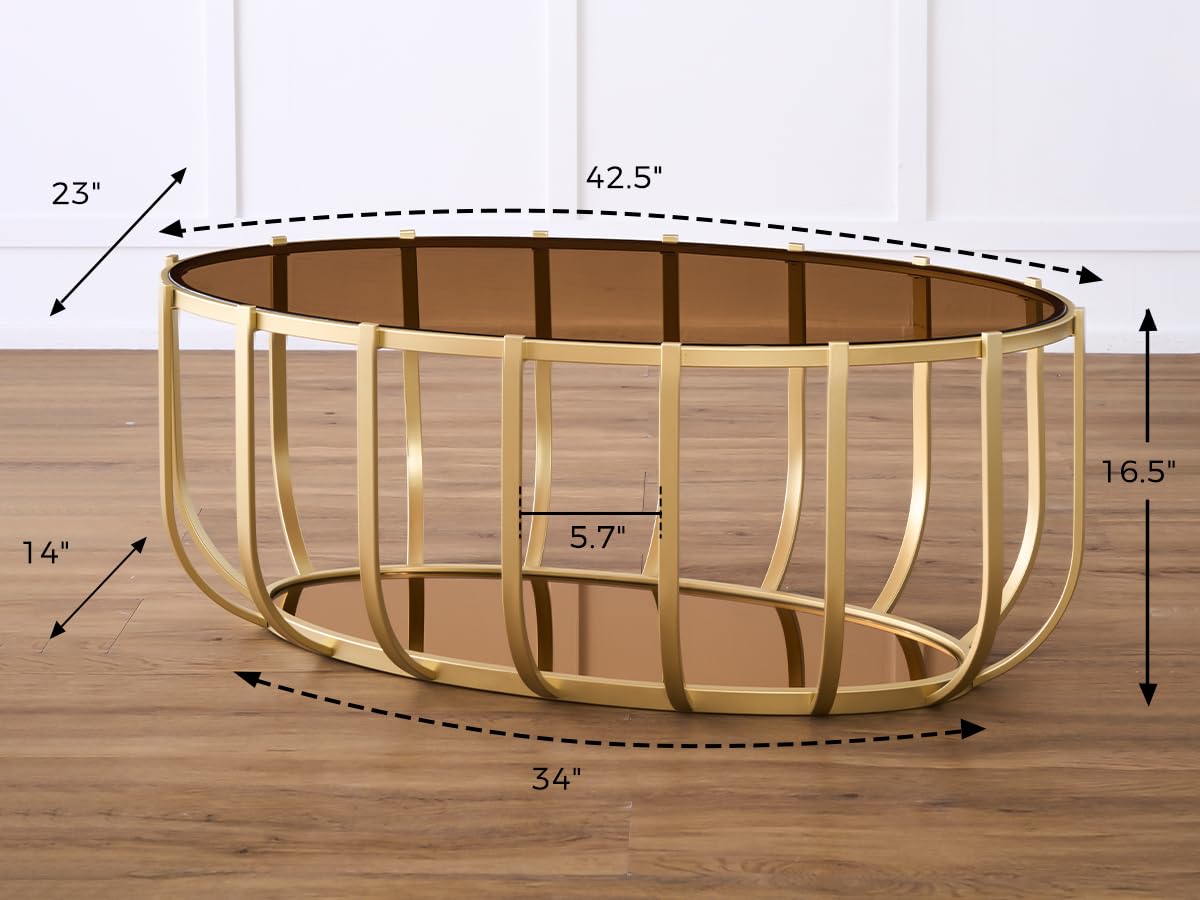 AGV LIGHTING Oval Glass Coffee Table with Gold Metal Frame, Modern Glam Glass Coffee Table, Amber Tempered Glass Top with Lower Mirrow Glass Shelf, Modern Gold Coffee Table for Living Room