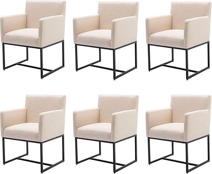 BESTANO Linen Upholstered Dining Chairs with Arms Set of 6 Mid Century Modern Accent Chairs Armchairs with Black Metal Frame, Modern Kitchen & Dining Room Chairs, Cream