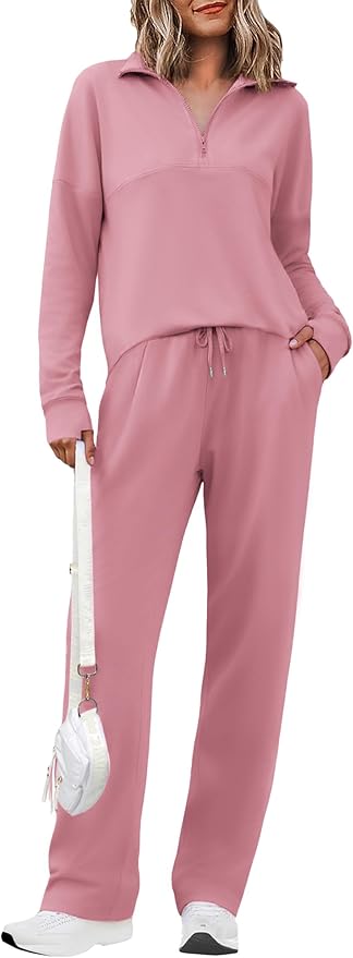 Totatuit Womens Sweatsuits 2 piece Set Lapel Half Zip Lightweight Sweatshirts and Wide Leg Pants Tracksuit Lounge Sets