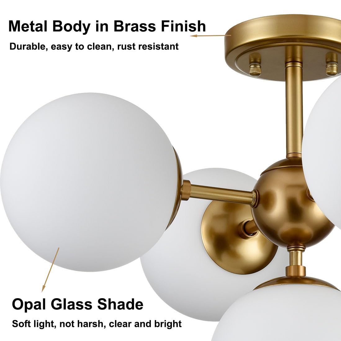 DIRYZON Mid Century Modern 5-Light Semi Flush Mount Ceiling Light,Brass Sputnik Ceiling Light with Opal Globe Glass for Living Room Bedroom Hallway