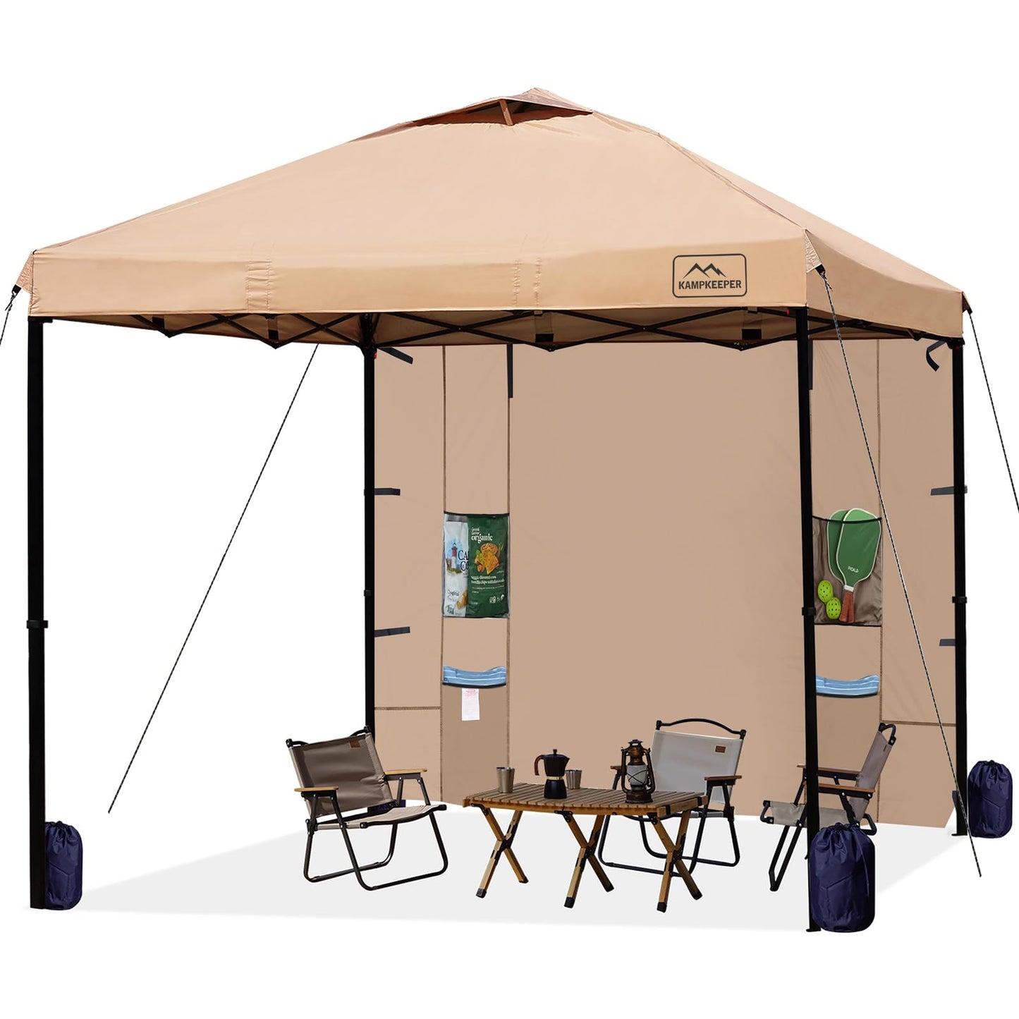 KAMPKEEPER 10x10 Pop Up Canopy Tent with Sidewall - Easy Setup Sun Shelter, Outdoor Shade with Vented Roof for Backyard | UV & Rain Portable Instant Camping Beach Canopy Tents (Khaki)