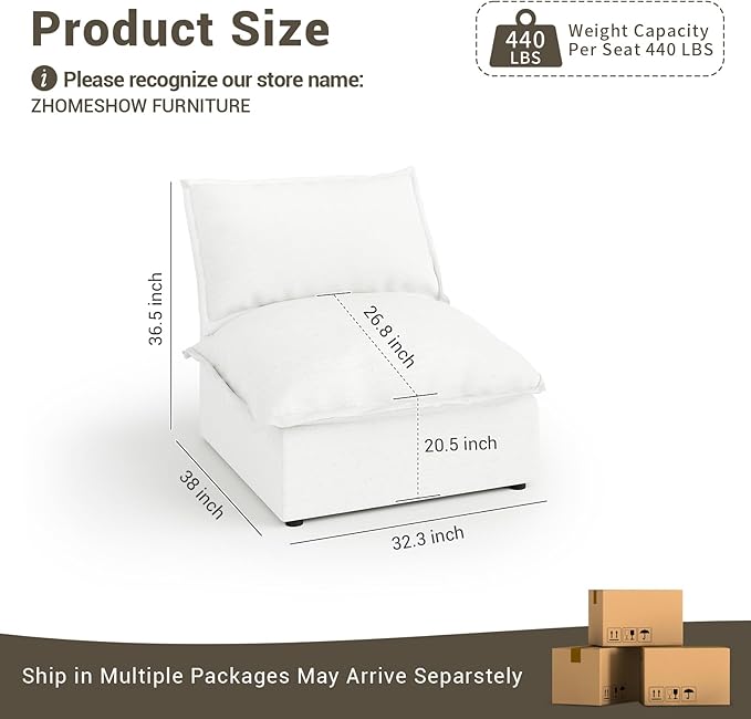 Lopzeho Middle Seat for Cloud Modular Sectional Sofa, Comfy Down Filled Cloud Couch with Removable Cover, Modular Sectional Couches for Living Room, Cream White