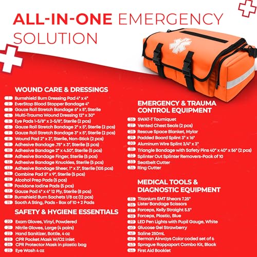Fully Stocked EMT Trauma Bag – Tactical First Responder Medical Kit with Tourniquet, Chest Seals, Bleeding Control, Gauze,...